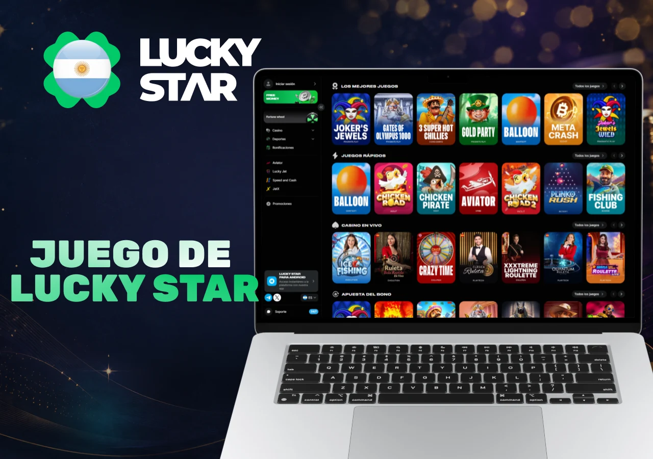Catálogo de juegos de Lucky Star Casino con tragamonedas, juegos rápidos y casino en vivo